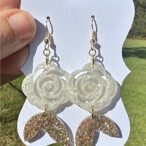 Elegant White and Gold Rose Earrings